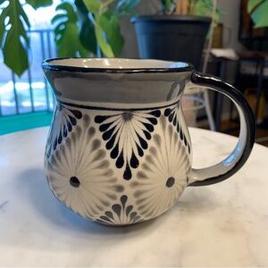 Handmade Glazed Ceramic Mug w/ Hand-painted Diamond Design, Black/Grey/Off-White